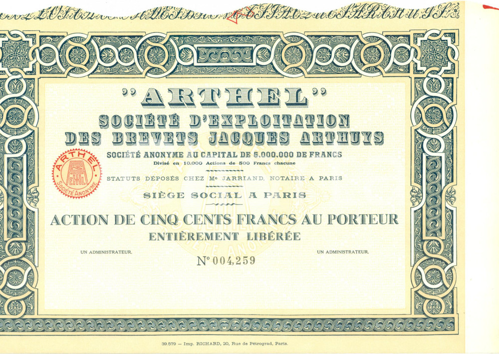 Oggetto da collezione cartaceo 1934 PARIS ARTHEL SociÃ©tÃ© d Exploitation des Brevets Jacques ARTHUYS Action 1