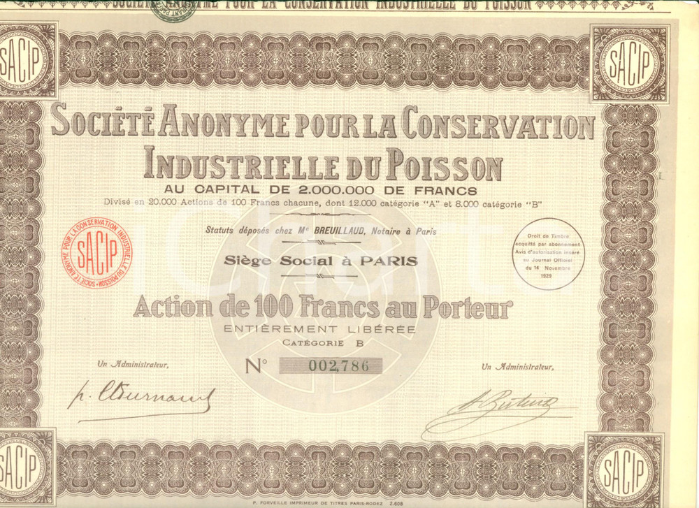 Oggetto da collezione cartaceo 1930 ca PARIS SociÃ©tÃ© Anonyme Conservation Industrielle du Poisson Action 1 1