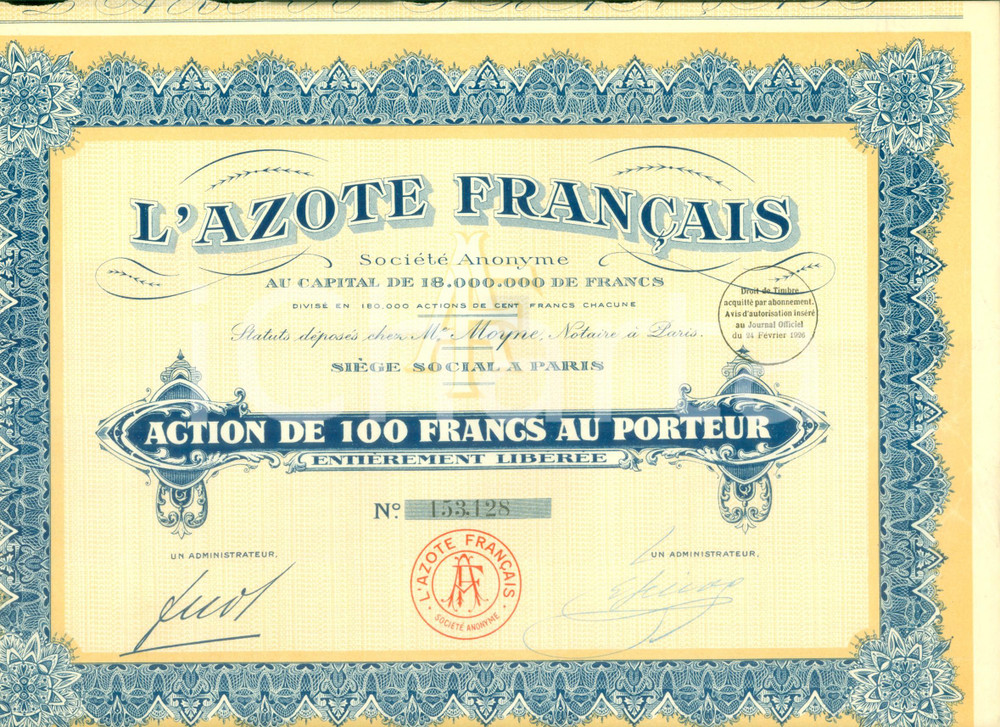 Oggetto da collezione cartaceo 1926 PARIS SociÃ©tÃ© Anonyme L AZOTE FRANCAIS Certificato azionario 100 franchi 1