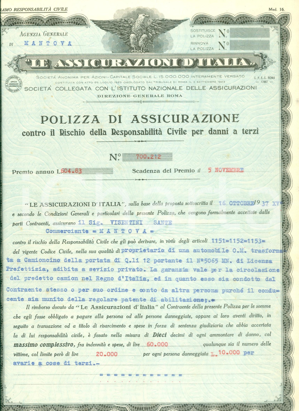 Oggetto da collezione cartaceo 1937 MANTOVA Le Assicurazioni d ITALIA Polizza di Sante VISENTINI 1