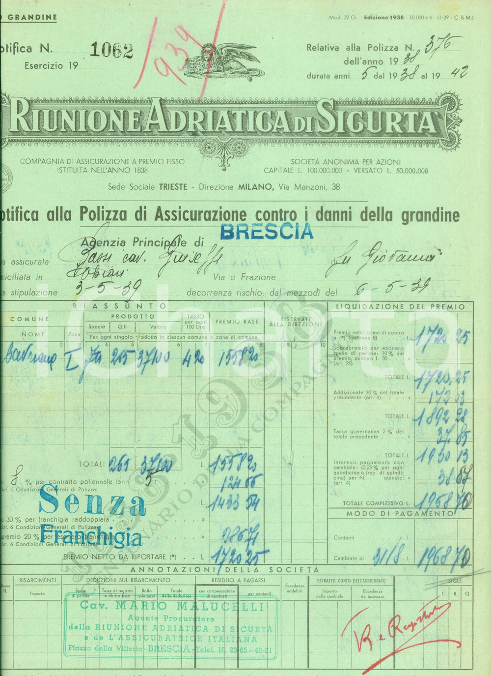 Documento originale, autentico 1939 BRESCIA Riunione Adriatica di SicurtÃ  Polizza grandine di Giuseppe BASSI 1