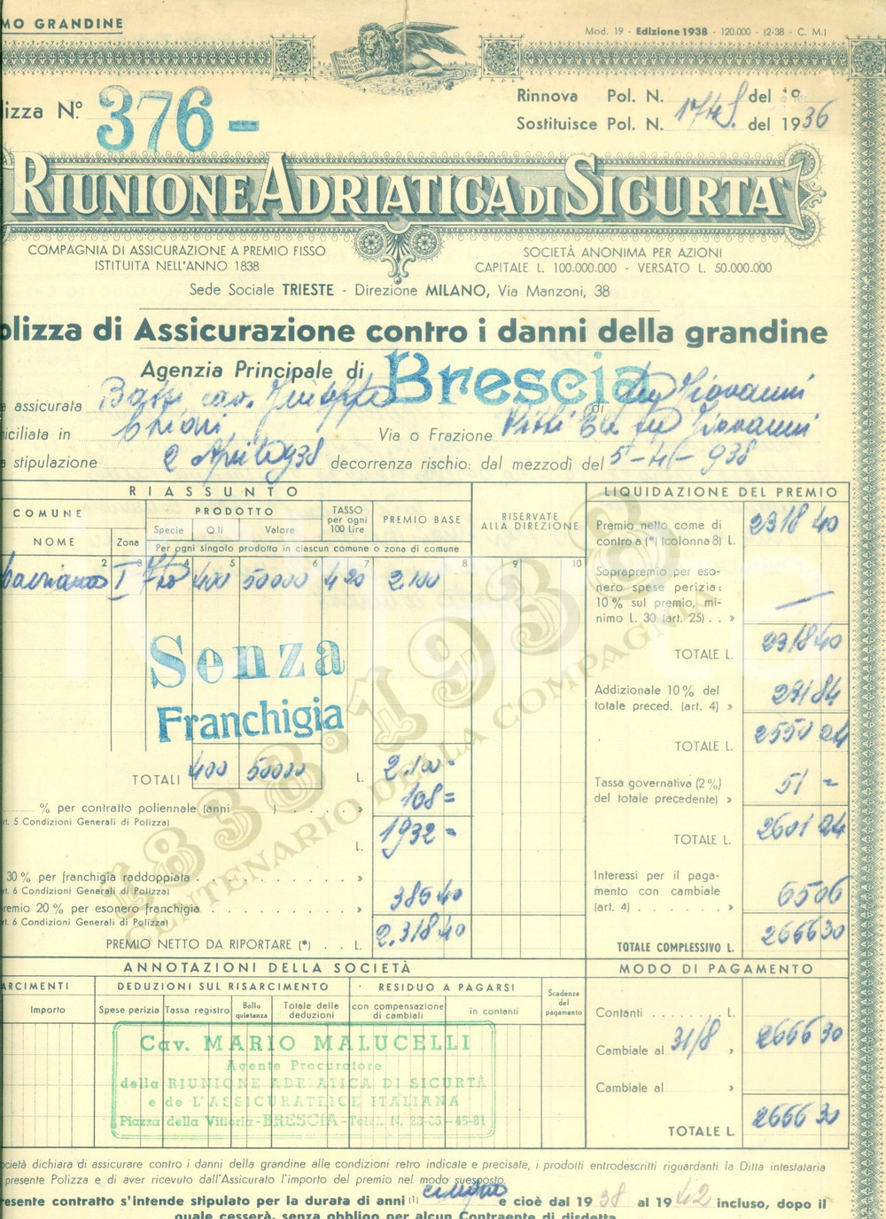 Documento originale, autentico 1938 BRESCIA Riunione Adriatica di SicurtÃ  Polizza grandine di Giuseppe BASSI 1