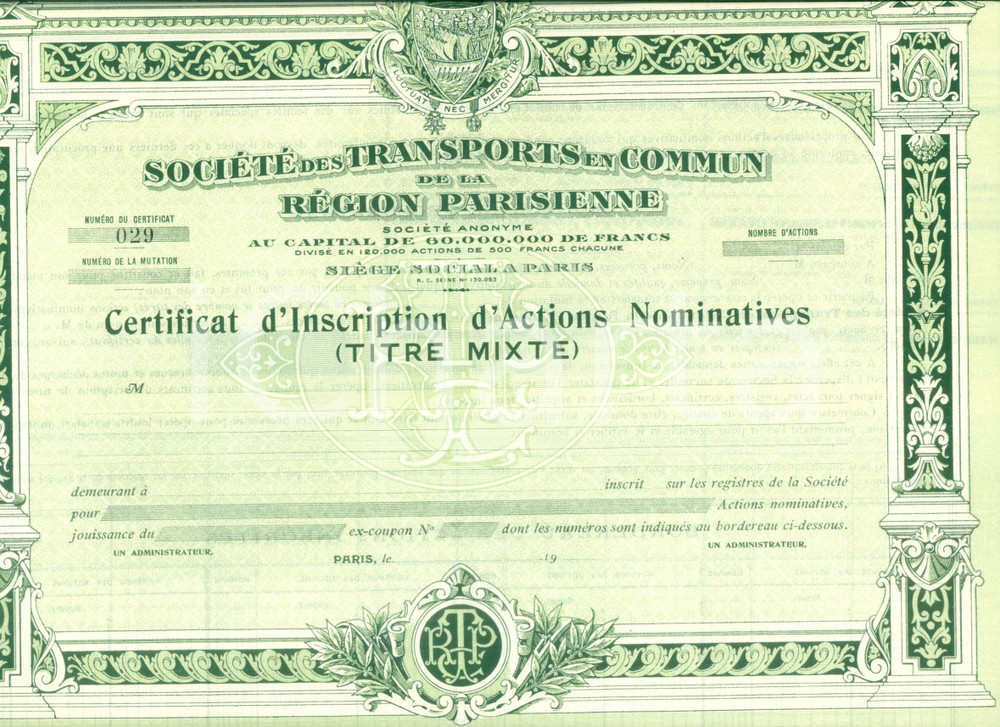 Oggetto da collezione cartaceo 1950 ca PARIS Société des Transports en Commun Région Parisienne Actions 2 1