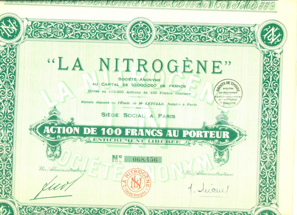 Oggetto da collezione cartaceo 1928 PARIS SociÃ©tÃ© Anonyme LA NITROGENE Action 100 francs au porteur Certificato 1