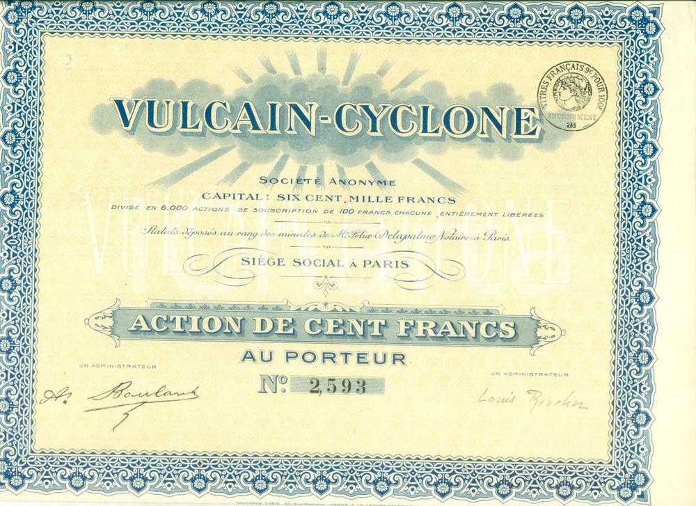 1935 ca PARIS Société Anonyme VULCAIN-CYCLONE Action de cent francs *Certificato