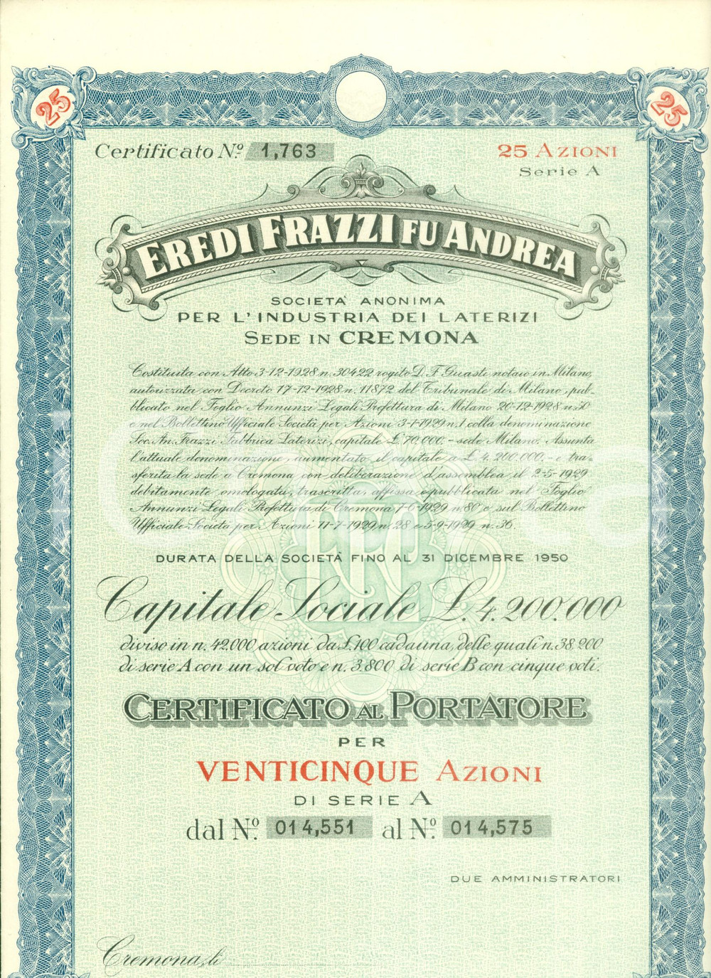 Oggetto da collezione cartaceo 1950 CREMONA Eredi FRAZZI fu Andrea Industria Laterizi Certificato al portatore 1