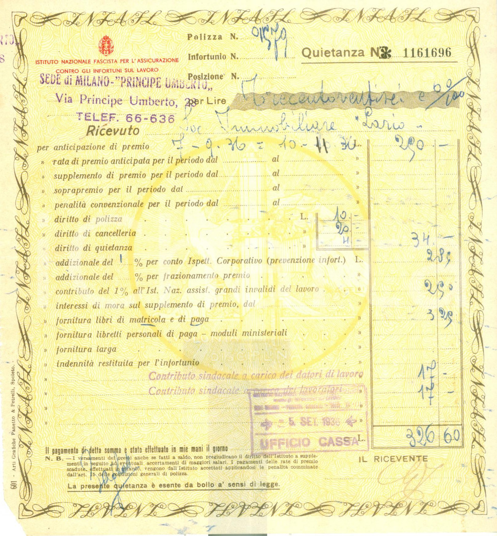 Documento originale, autentico 1936 MILANO Istituto Nazionale Fascista Assicurazione Infortuni sul Lavoro 1