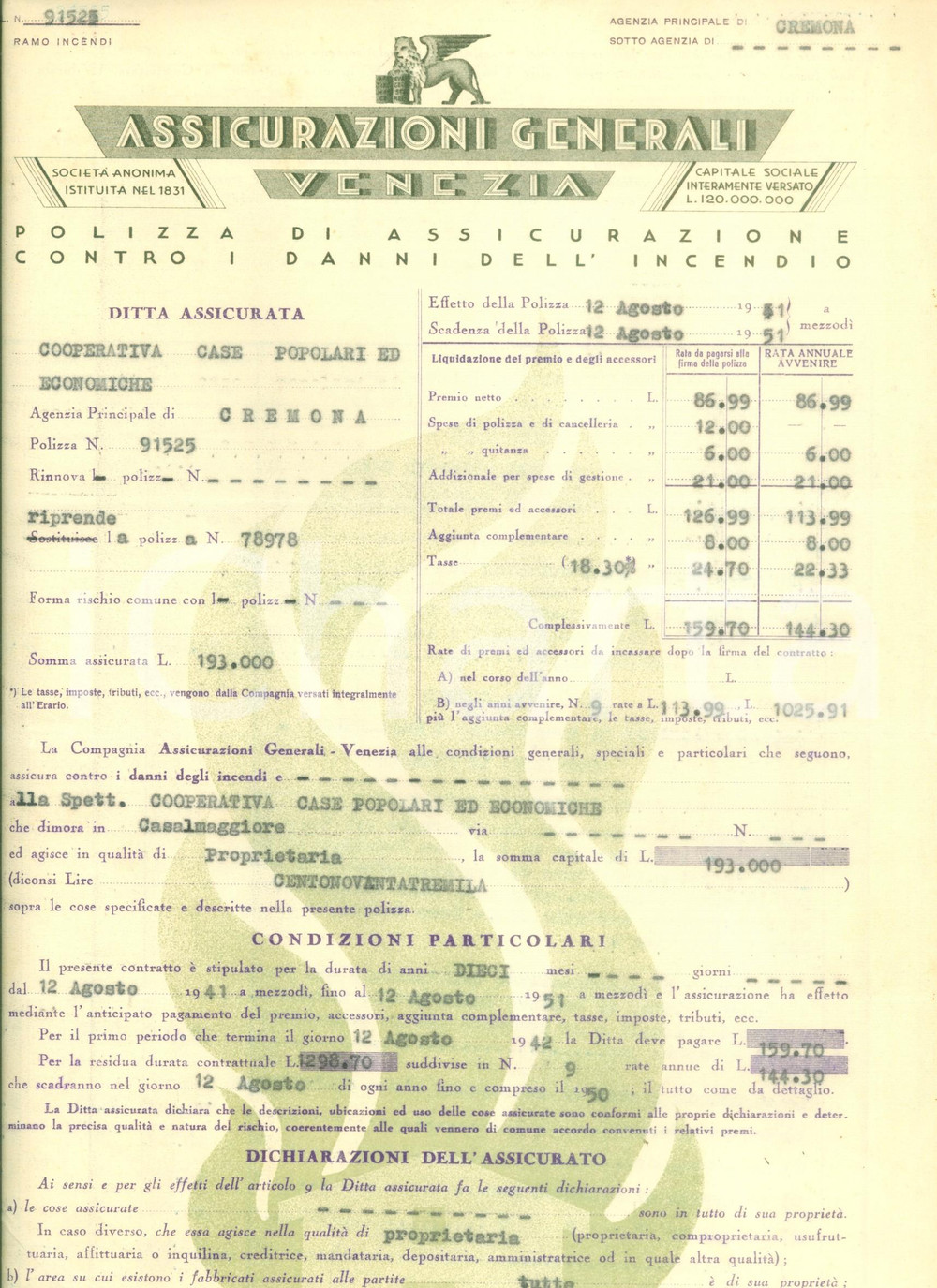 Documento originale, autentico 1941 ASSICURAZIONI GENERALI VENEZIA Polizza assicurativa danni dell incendio 1