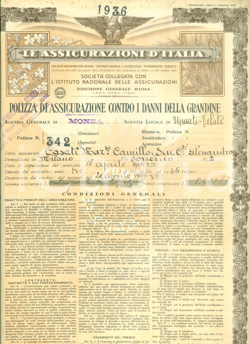 Documento originale, autentico 1936 LE ASSICURAZIONI D ITALIA Polizza assicurativa contro danni grandine 1