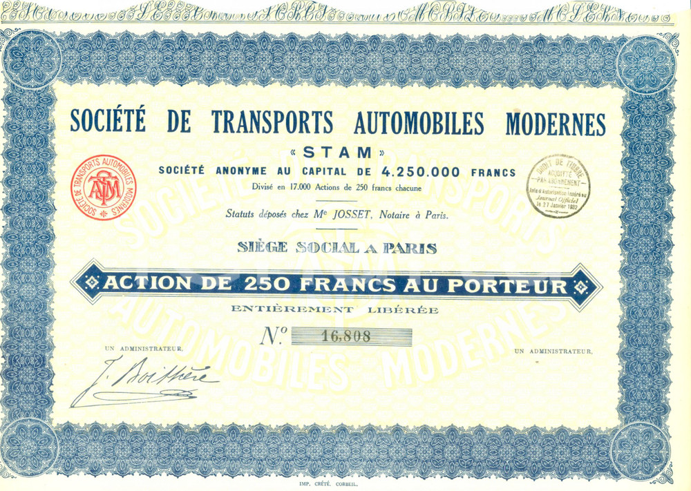 Oggetto da collezione cartaceo 1932 PARIS Société Transports Automobiles Modernes STAM Action 250 Francs 3 1