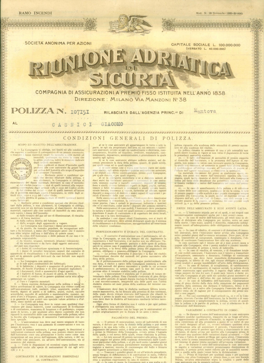 Documento originale, autentico 1934 MANTOVA Riunione Adriatica di SicurtÃ  Polizza assicurativa Giacomo CASNICI 1
