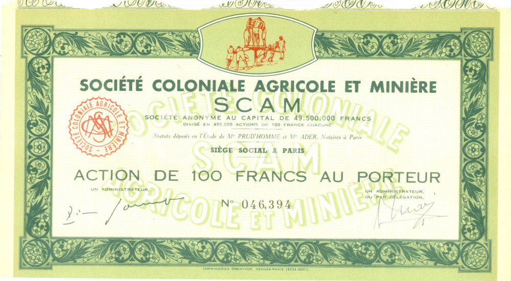 Oggetto da collezione cartaceo 1930 ca PARIS SociÃ©tÃ© Agricole Coloniale Marine SCAM Certificato 20 CEDOLE 1