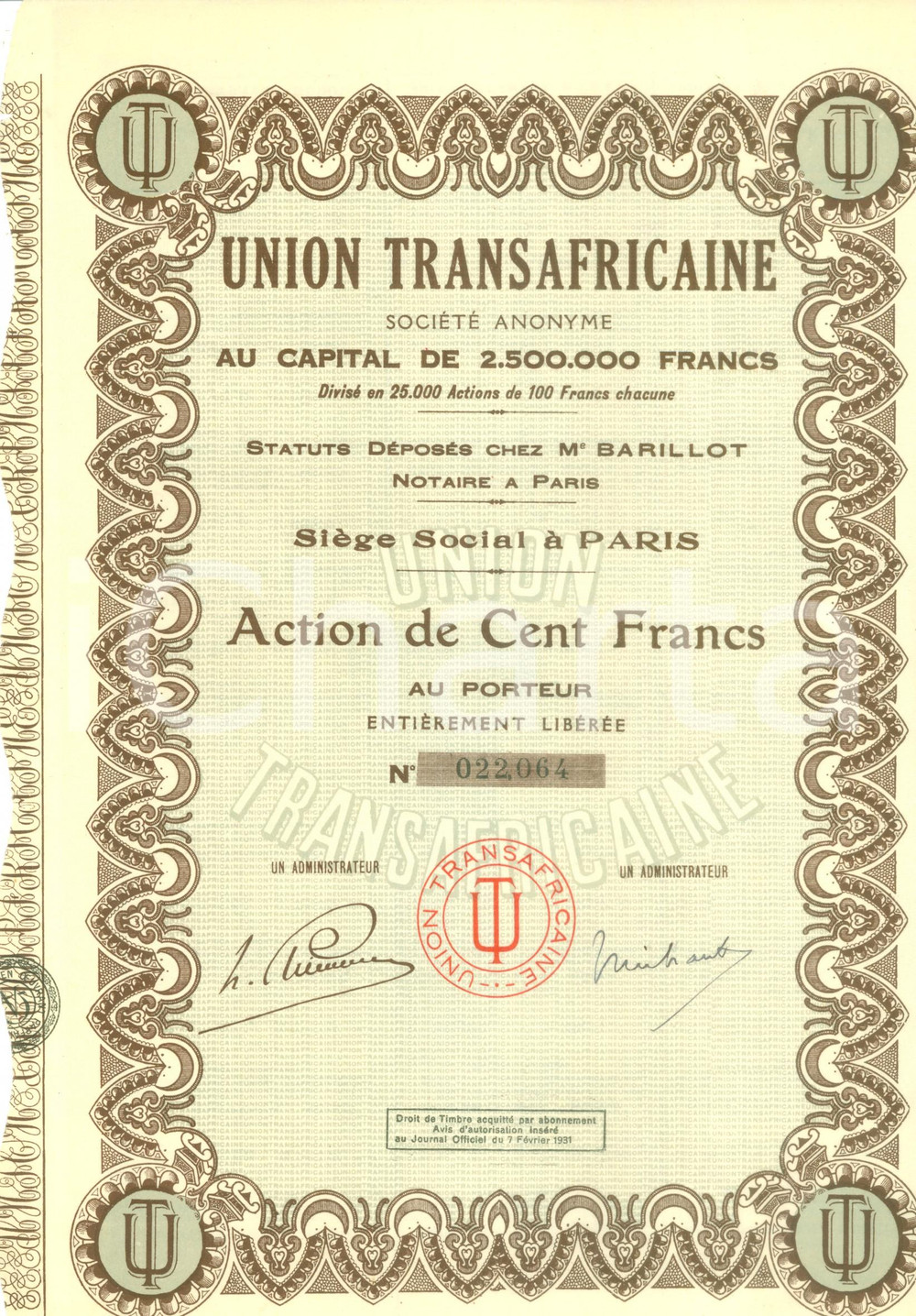 Oggetto da collezione cartaceo 1931 PARIS Société Anonyme UNION TRANSAFRICAINE Action Cent Francs 1