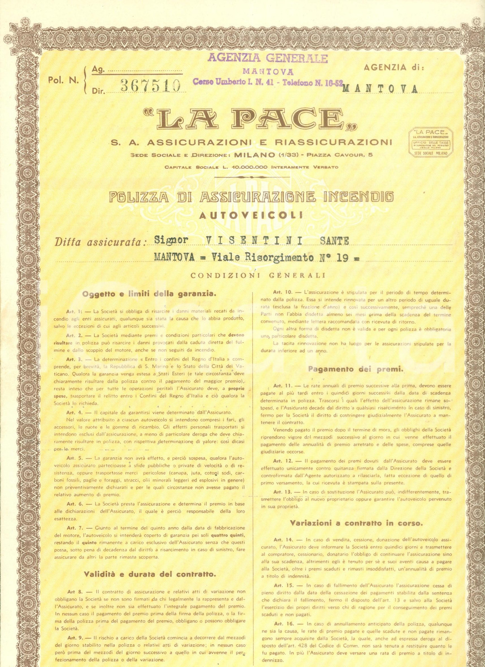 Documento originale, autentico 1938 MANTOVA Assicurazioni LA PACE Polizza autoveicoli di Sante VISENTINI 1