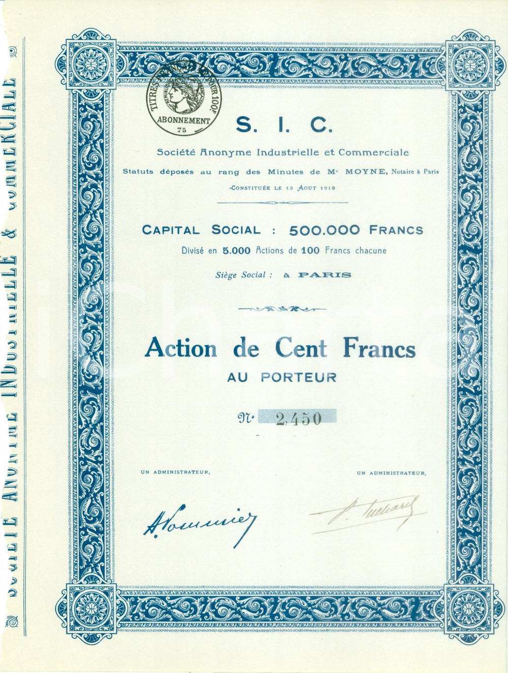 Oggetto da collezione cartaceo 1920 ca PARIS SociÃ©tÃ© Anonyme Industrielle Commerciale S.I.C. Action Cent Francs 1