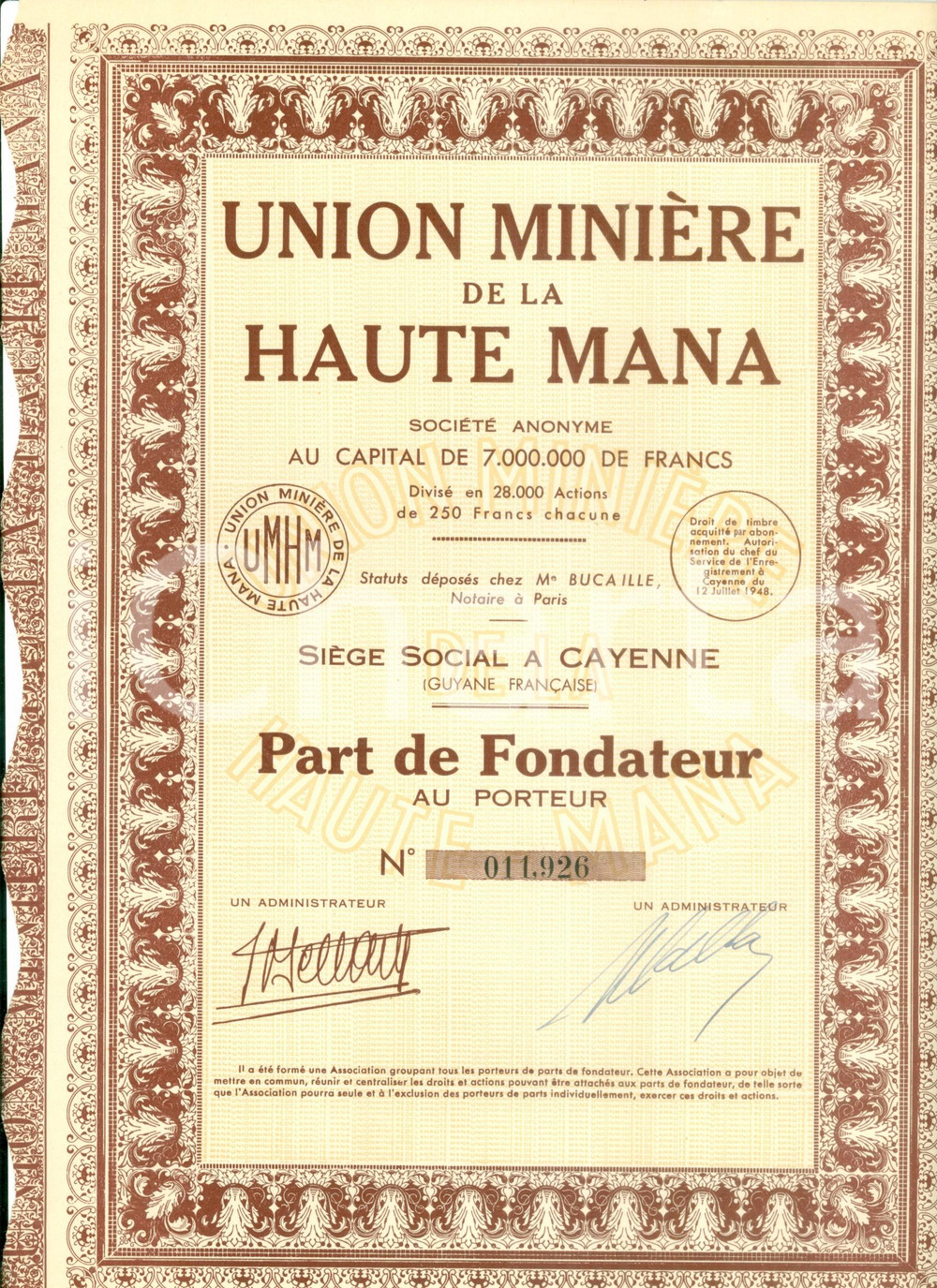 Oggetto da collezione cartaceo 1948 CAYENNE GUYANE FRANCAISE Union Minière de la HAUTE MANA Part de Fondateur 1