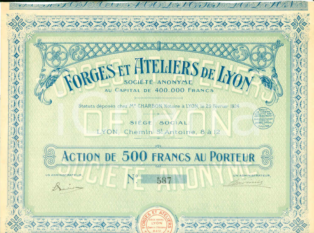 Oggetto da collezione cartaceo 1924 LYON F SociÃ©tÃ© Anonyme Forges et Ateliers Action 500 Francs au Porteur 1