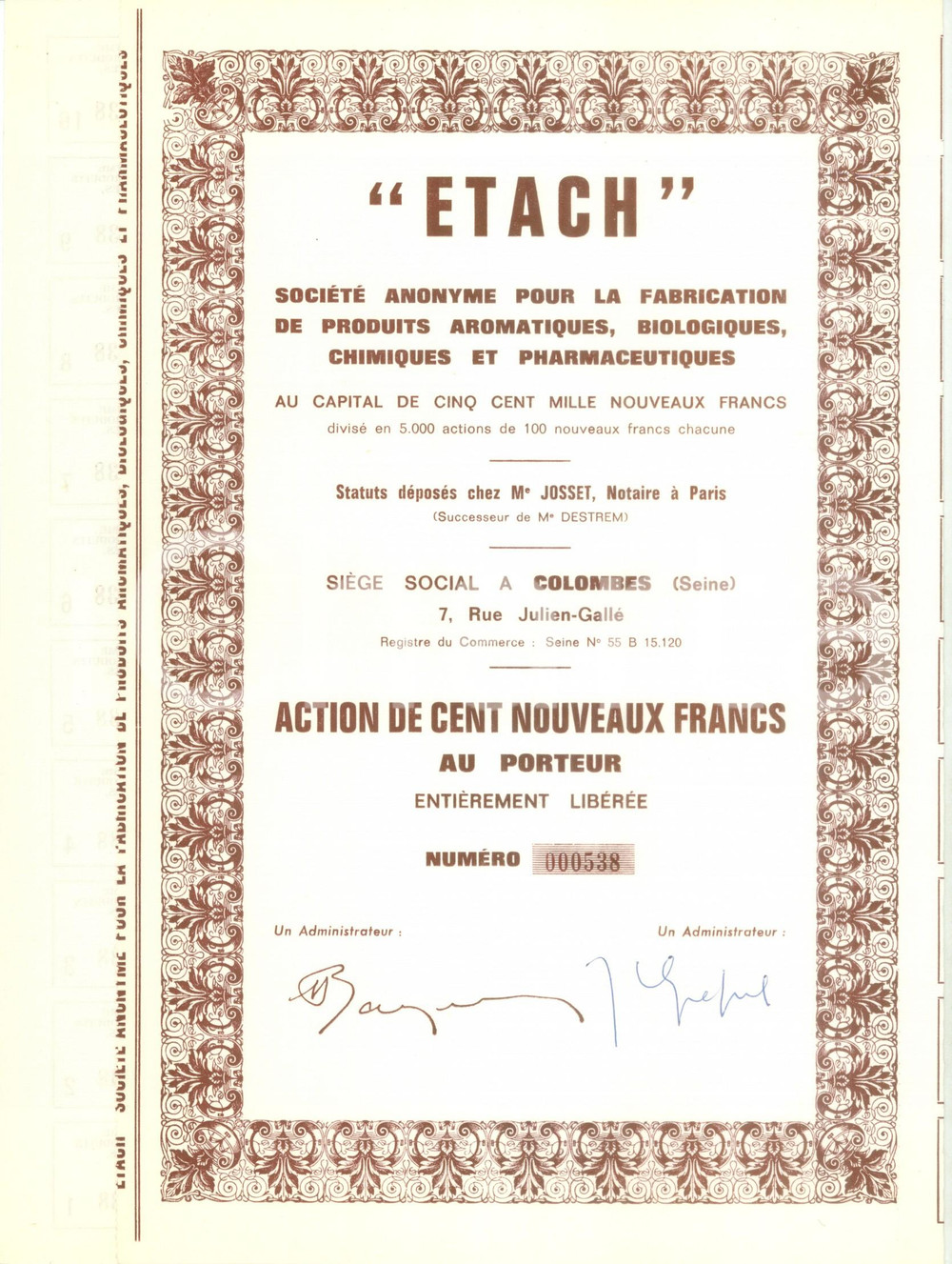 Oggetto da collezione cartaceo 1935 ca PARIS Etach SociÃ©tÃ© Anonyme Fabrication Produits Aromatiques Action 1