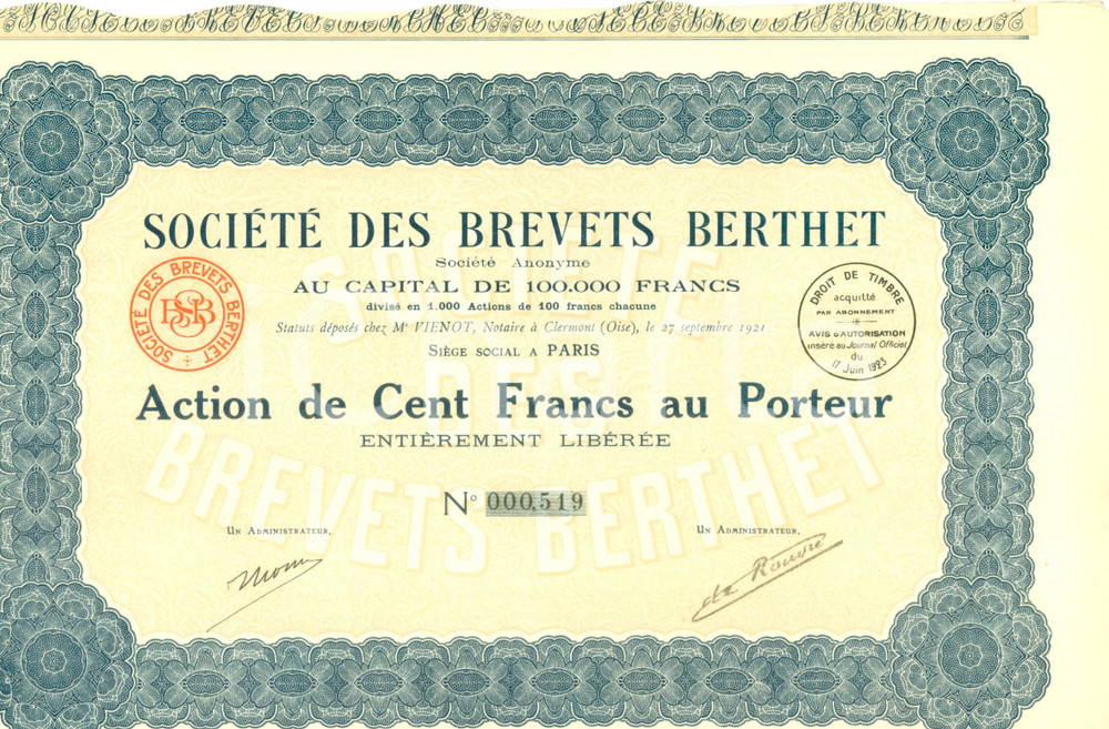 Oggetto da collezione cartaceo 1923 PARIS SociÃ©tÃ© des Brevets BERTHET Action de Cent Francs au Porteur 1
