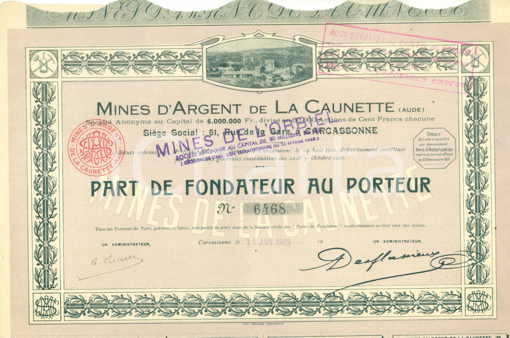 Oggetto da collezione cartaceo 1923 CARCASSONNE Mines d argent de LA CAUNETTE et de l ORBIEL Action au porteur 1