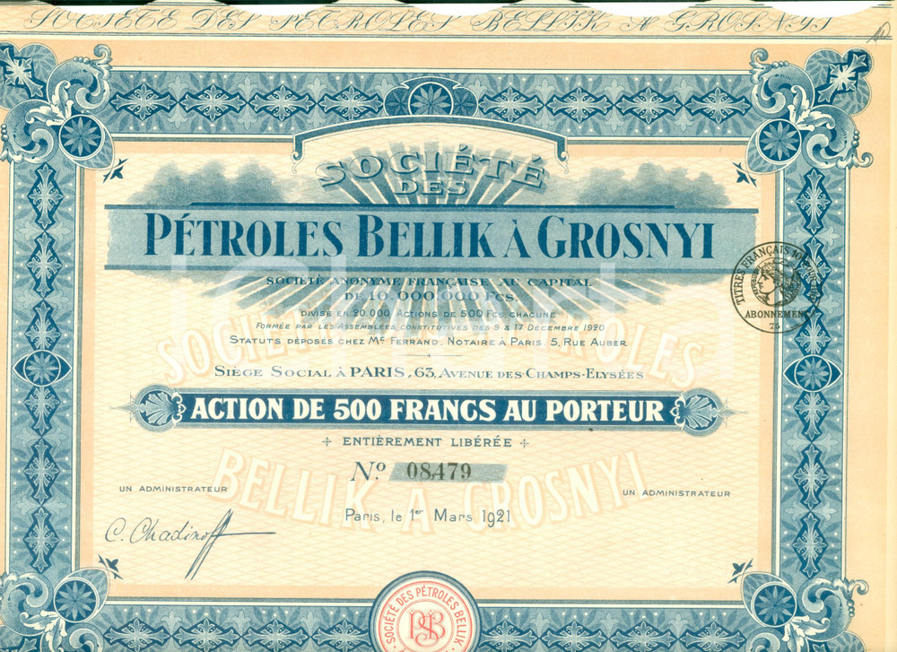 Oggetto da collezione cartaceo 1921 PARIS SociÃ©tÃ© des PÃ©troles BELLIK Ã  GROSNYI Action 500 Francs au Porteur 1
