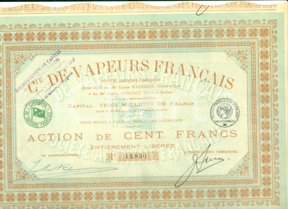 Oggetto da collezione cartaceo 1920 ca PARIS Compagnie de Vapeurs FranÃ§ais Action de Cent Francs 1
