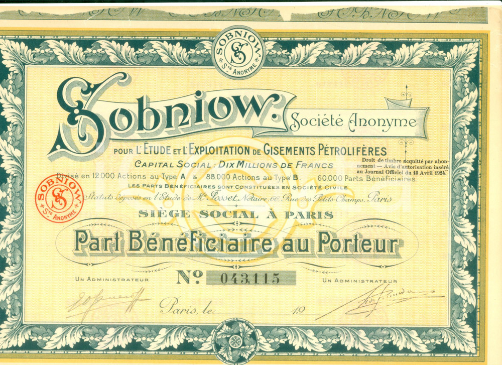 Oggetto da collezione cartaceo 1924 PARIS S.A. SOBNIOW Etude Exploitation de Gisements PÃ©trolifÃ¨res 1