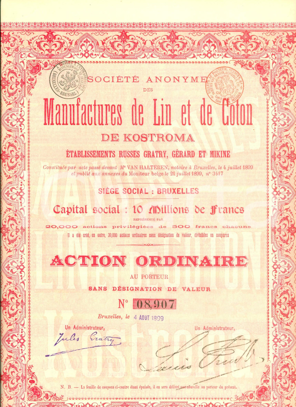 Oggetto da collezione cartaceo 1899 BRUXELLES Manufactures de Lin et Coton de KOSTROMA Action ordinaire 1