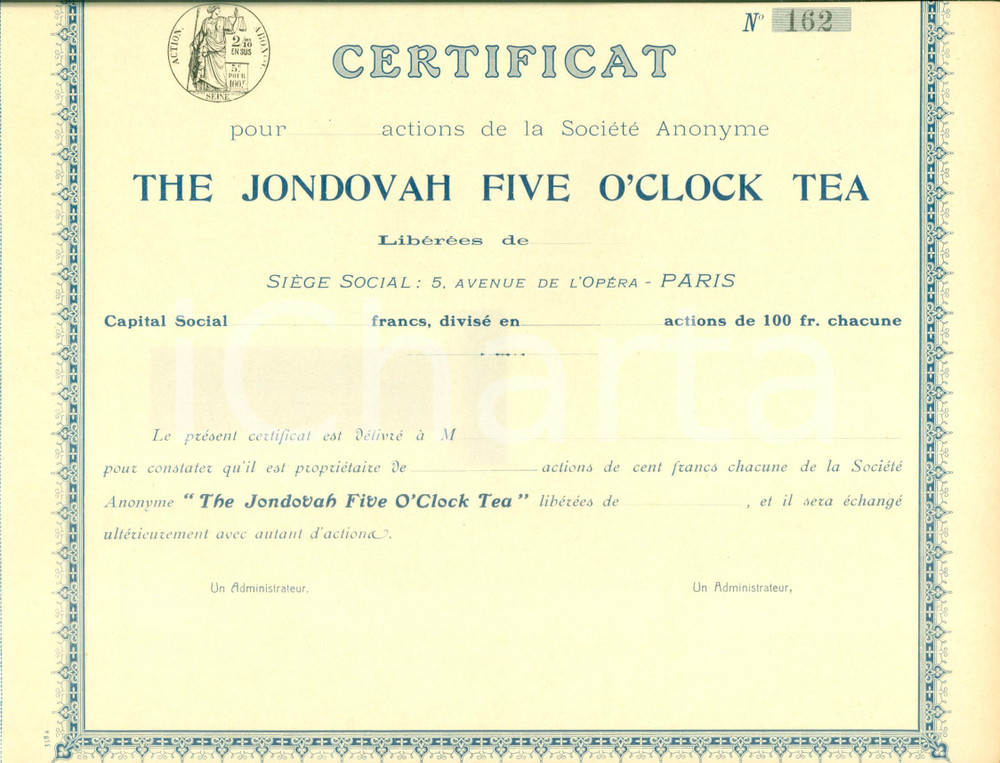 Oggetto da collezione cartaceo 1910 ca PARIS The Jondovah Five O Clock Tea  Certificat actions 1