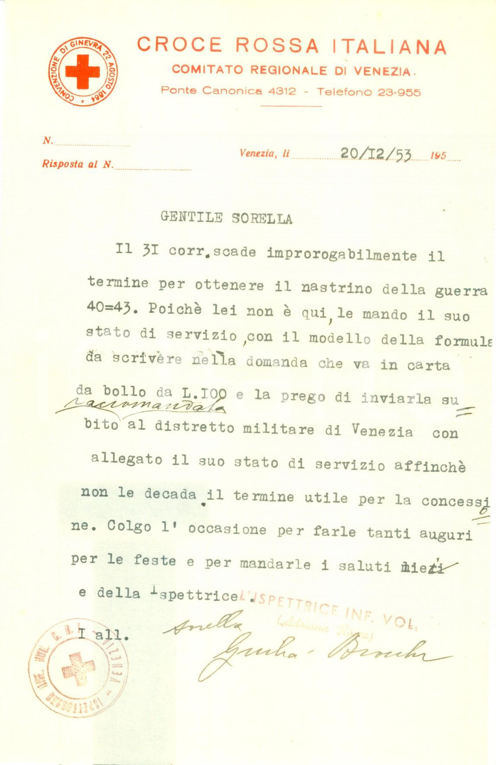 Documento originale, autentico 1953 VENEZIA Croce Rossa Italiana consegna nastrini della guerra 19401943 1