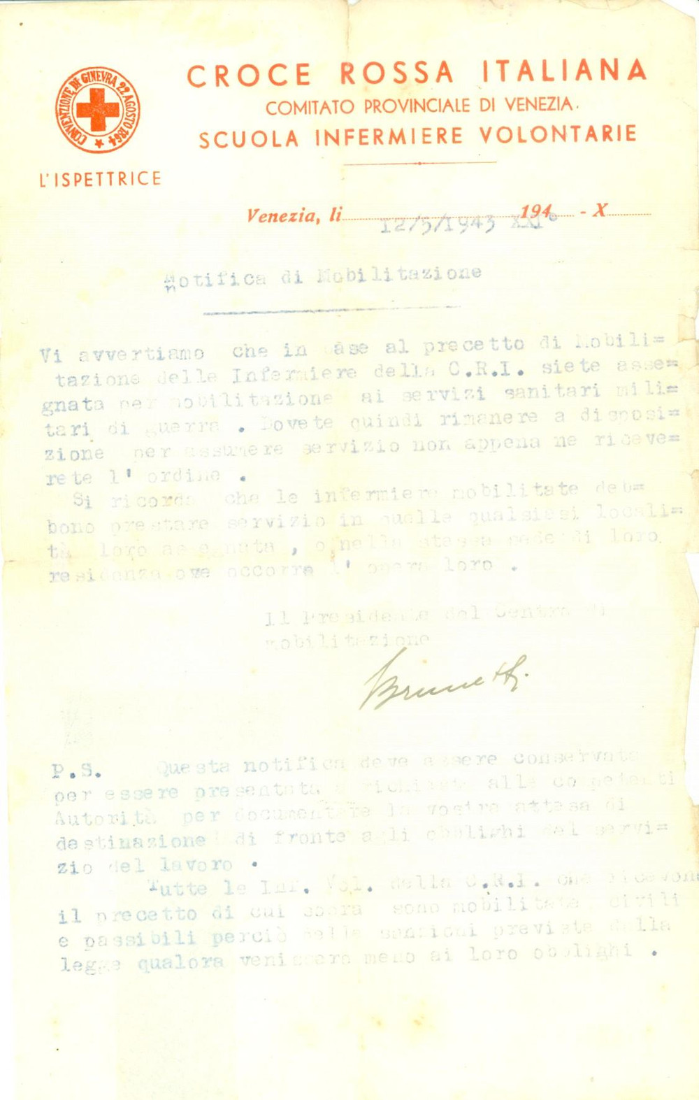 Documento originale, autentico 1943 VENEZIA Croce Rossa Italiana mobilitata per servizi di guerra DANNEGGIATO 1
