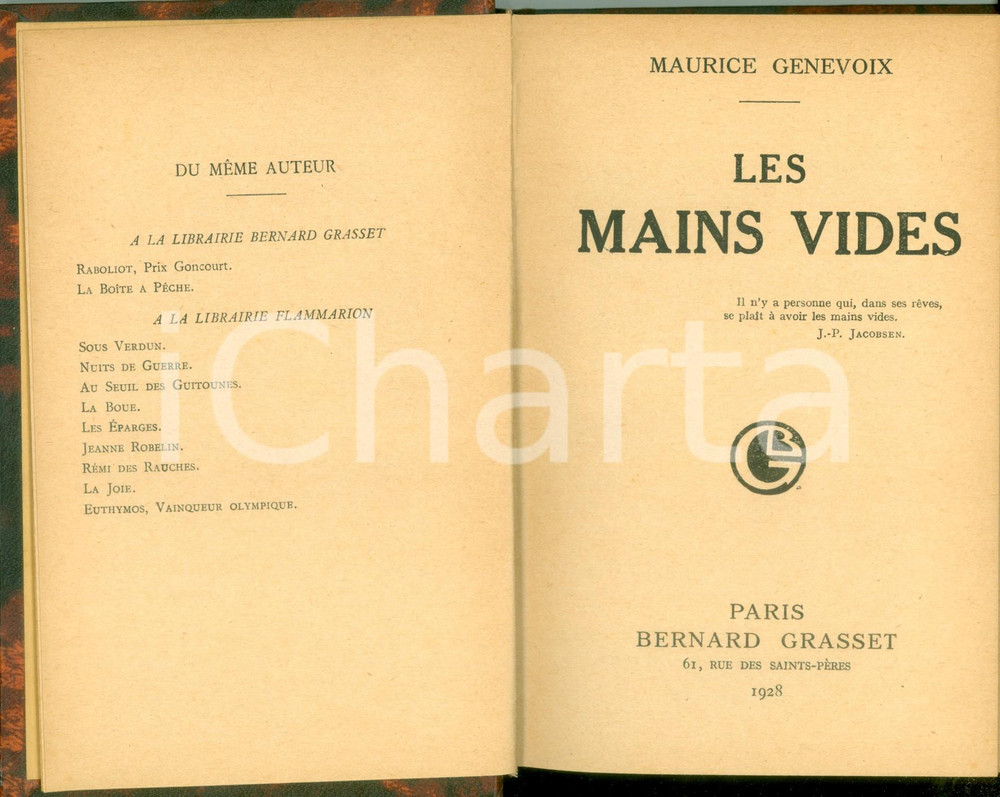Libro, pubblicazione d epoca 1928 Maurice GENEVOIX Les mains vides Editions Bernard GRASSET 1