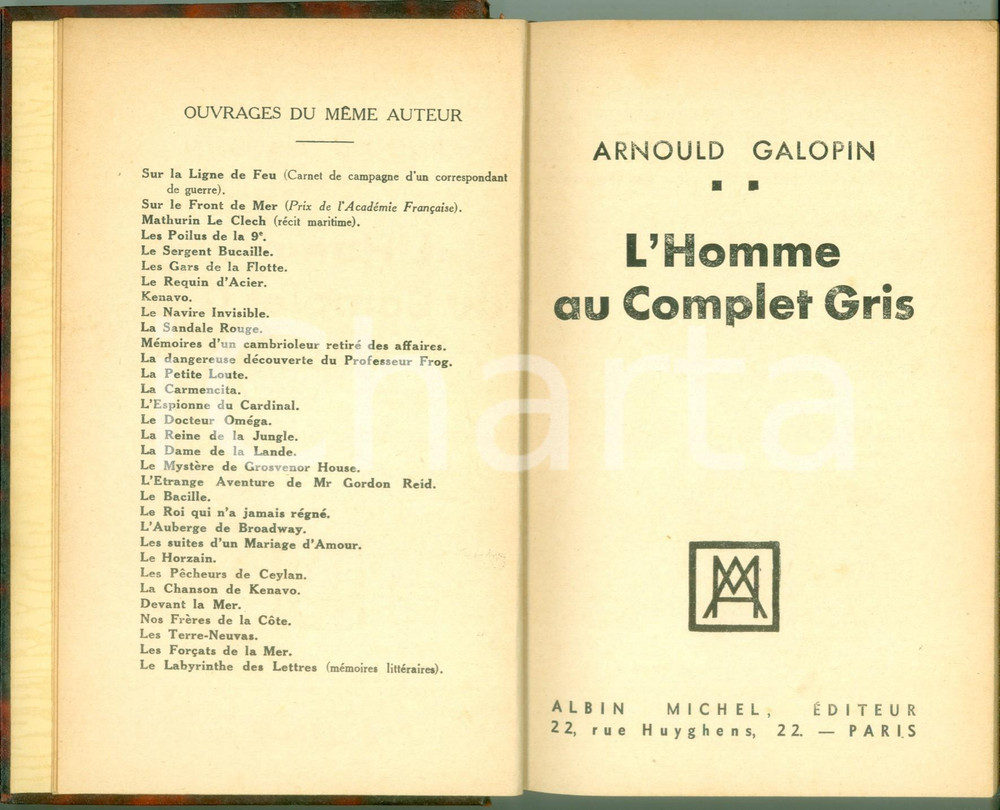 Libro, pubblicazione d epoca 1931 Arnould GALOPIN L homme au complet gris Editions Albin MICHEL 1