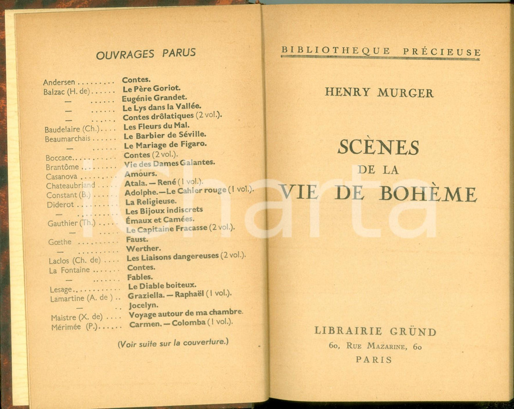 Libro, pubblicazione d epoca 1936 Henry MURGER ScÃ¨nes de la vie de BOHEME Librairie GRUND 1