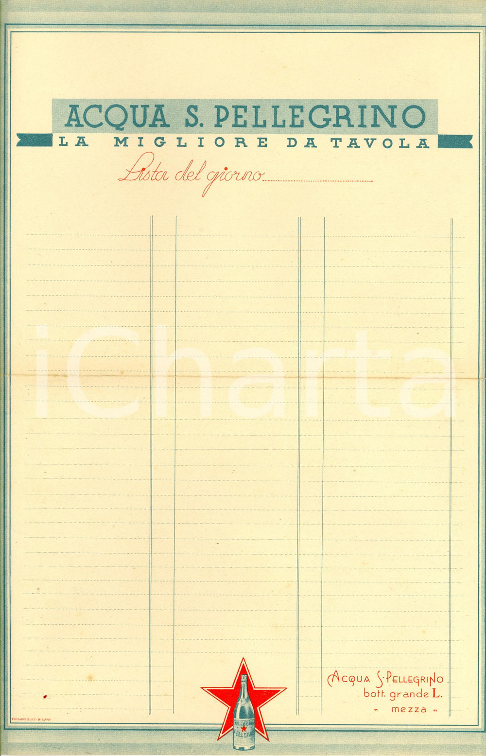 Materiale pubblicitario d’epoca 1940 ACQUA SAN PELLEGRINO La migliore da tavola Lista del giorno non compilata 1