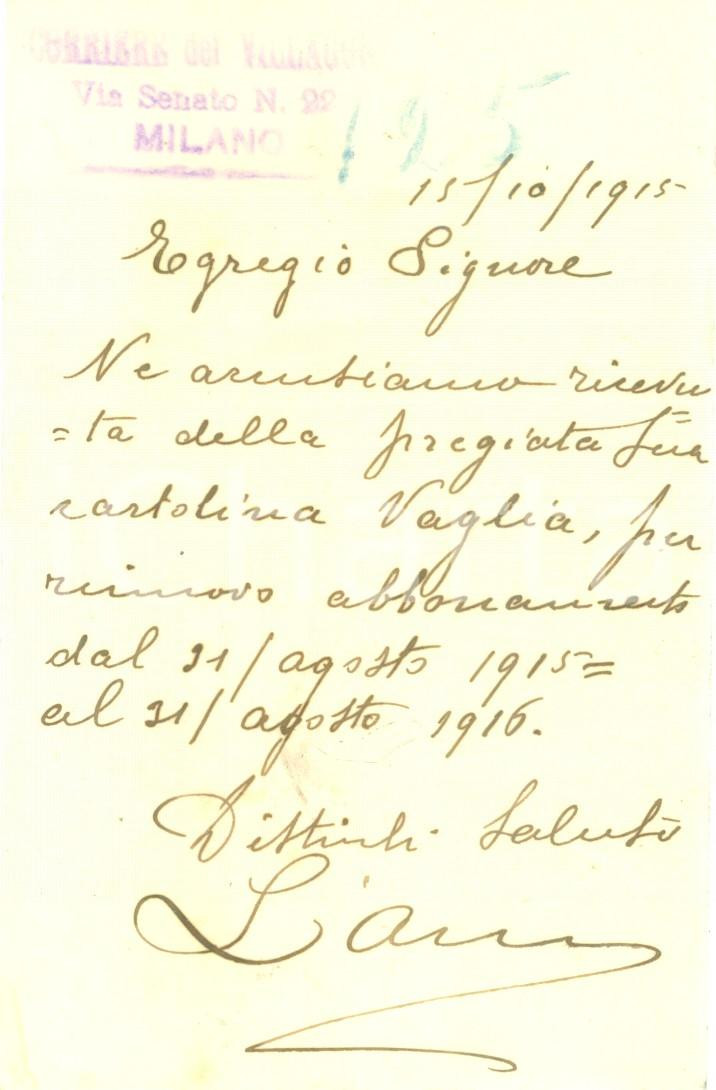 Documento originale, autentico 1915 MILANO Corriere del Villaggio conferma rinnovo dell abbonamento Cartolina 1