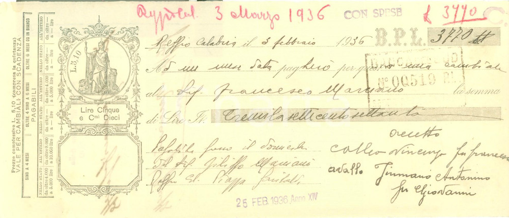 Documento originale, autentico 1936 REGGIO CALABRIA Cambiale BANCA POPOLARE LODI per Francesco MARCIANO 1