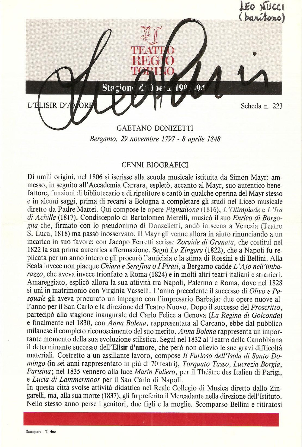 Autografo originale 1993 TORINO Teatro Regio ELISIR D AMORE Autografo Leo NUCCI Baritono Pieghevole 1