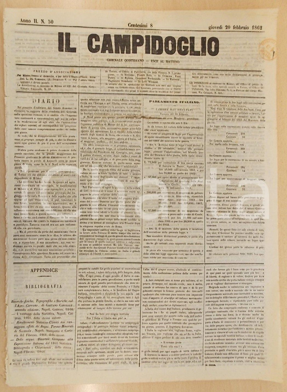 Giornale, rivista storica 1862 MILANO Giornale IL CAMPIDOGLIO L occupazione romana pesa sulla FRANCIA 1