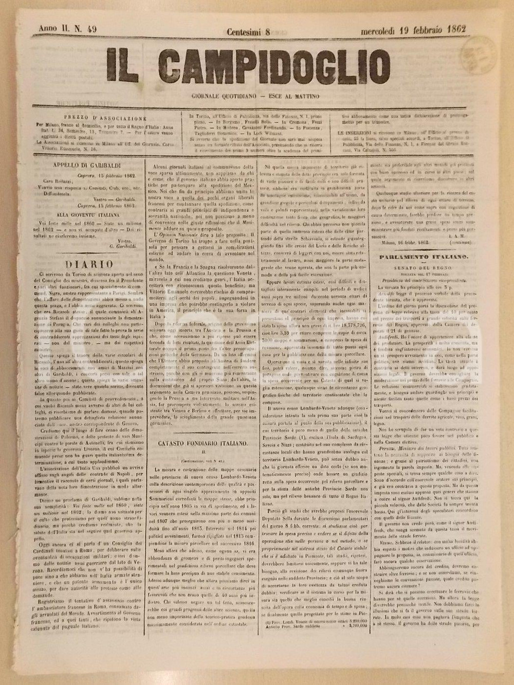Giornale, rivista storica 1862 MILANO Giornale IL CAMPIDOGLIO Vantaggi del nuovo Censo LombardoVeneto 1