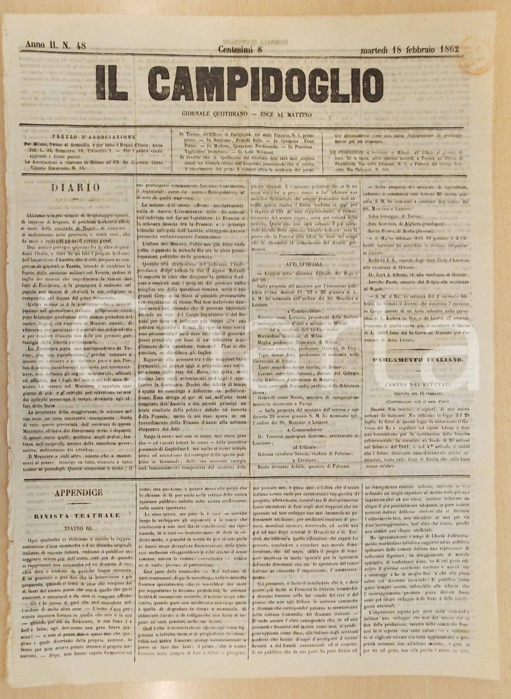 Giornale, rivista storica 1862 MILANO IL CAMPIDOGLIO Il teatro francese fa ridere, l italiano fa pensare 1