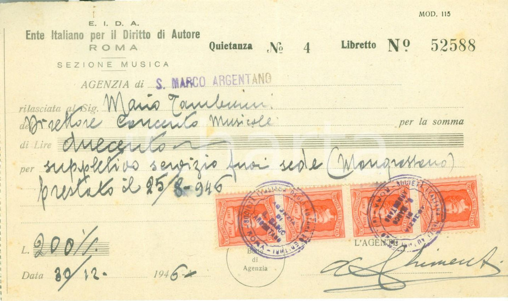 Documento originale, autentico 1946 SAN MARCO ARGENTANO Ente Italiano Diritto di Autore Sezione Musica Ricevuta 1