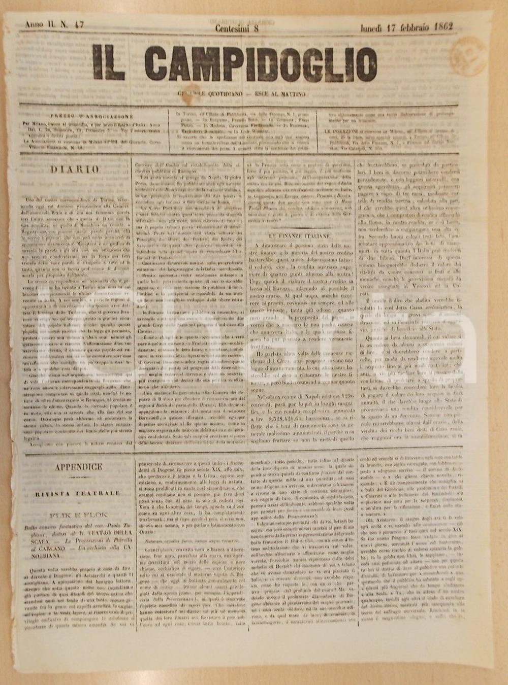 Giornale, rivista storica 1862 MILANO Giornale IL CAMPIDOGLIO Le finanze italiane sono in stato disastroso 1