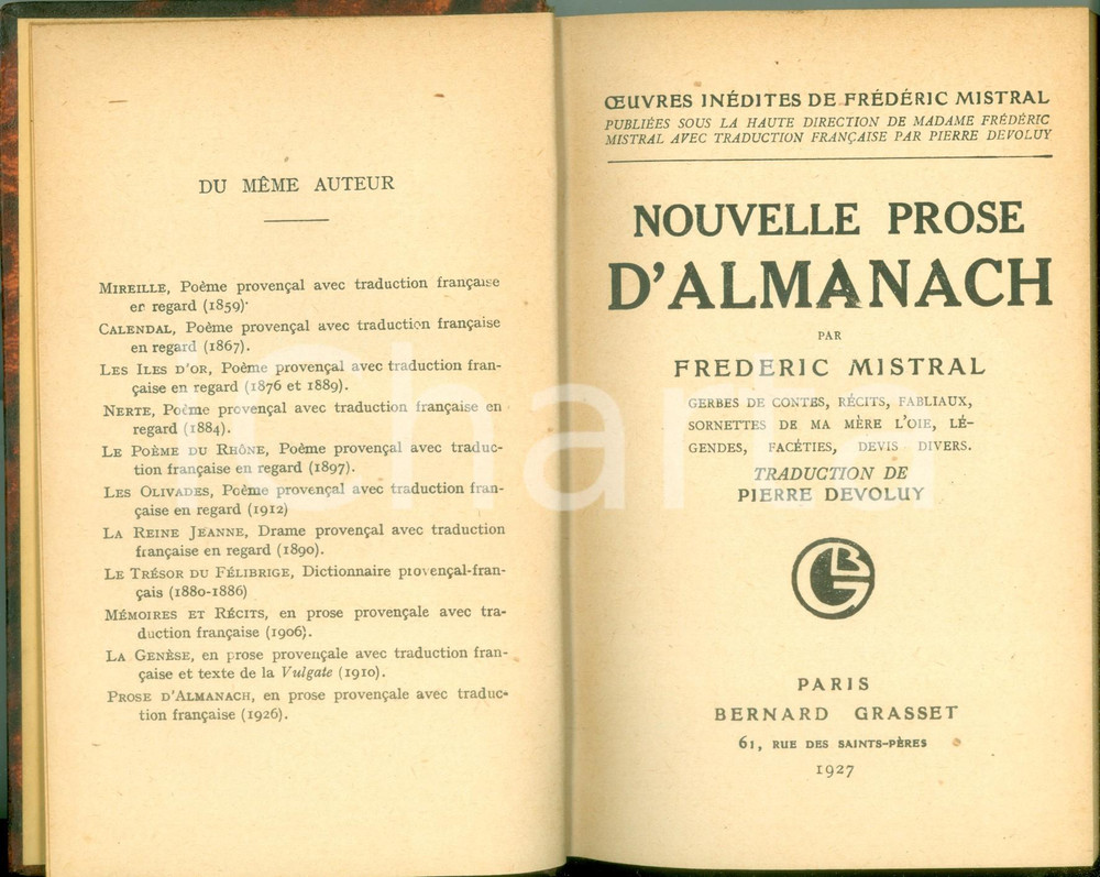 Libro, pubblicazione d epoca 1927 Frederic MISTRAL Nouvelle prose d almanach Edition GRASSET 1