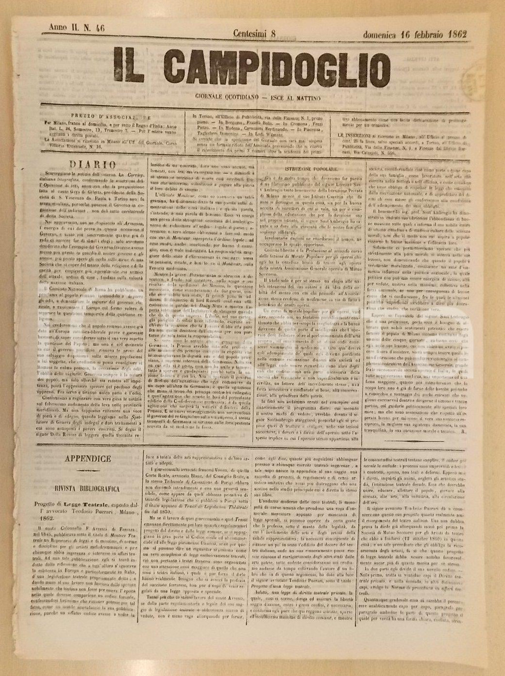 Giornale, rivista storica 1862 MILANO Giornale IL CAMPIDOGLIO Lorenzo SANTAMBROGIO e l istruzione popolare 1