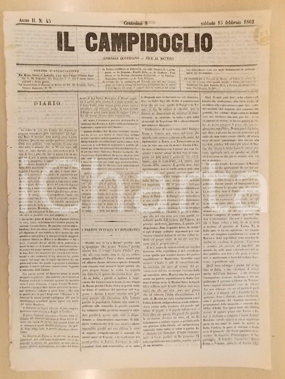 Giornale, rivista storica 1862 MILANO Giornale IL CAMPIDOGLIO Il guaio dell ITALIA sono i partiti 1
