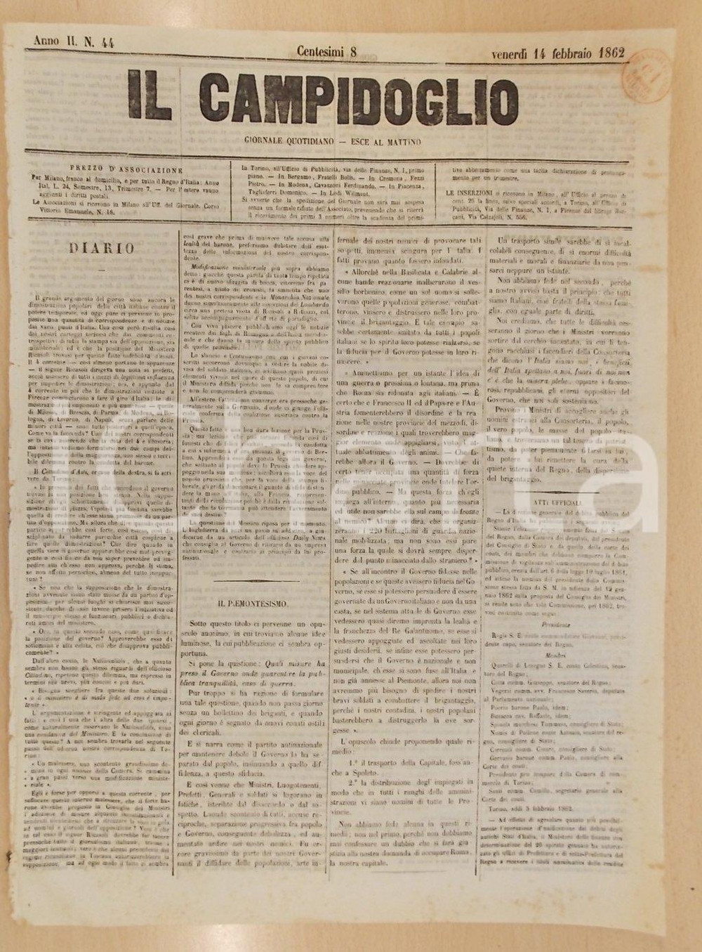 Giornale, rivista storica 1862 MILANO Giornale CAMPIDOGLIO I Ministri devono uscire dal cerchio incantato 1
