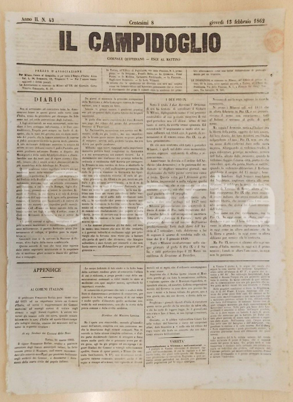 Giornale, rivista storica 1862 MILANO Giornale IL CAMPIDOGLIO Gli italiani rinnegano PIO IX traditore 1