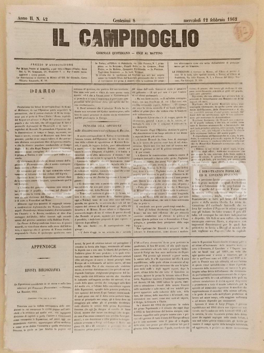 Giornale, rivista storica 1862 MILANO Giornale IL CAMPIDOGLIO Popolo italiano dimostra contro il PAPA RE 1