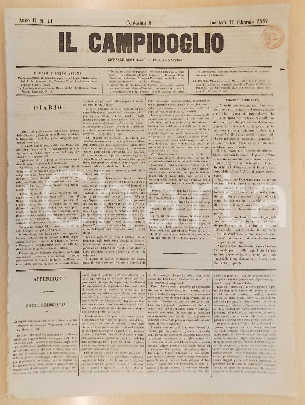Giornale, rivista storica 1862 MILANO Giornale IL CAMPIDOGLIO Viva l ITALIA una e viva il Re! 1